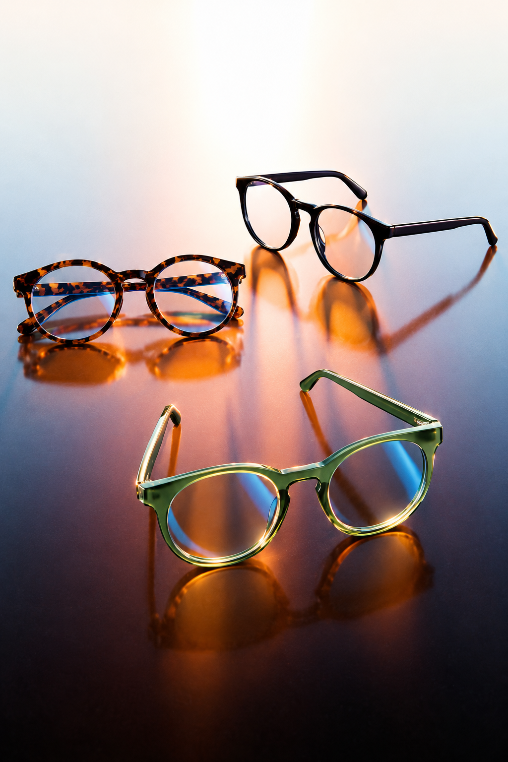 Trois paires de lunettes SAY, écaille, noire et verte translucide, sous une lumière chaude