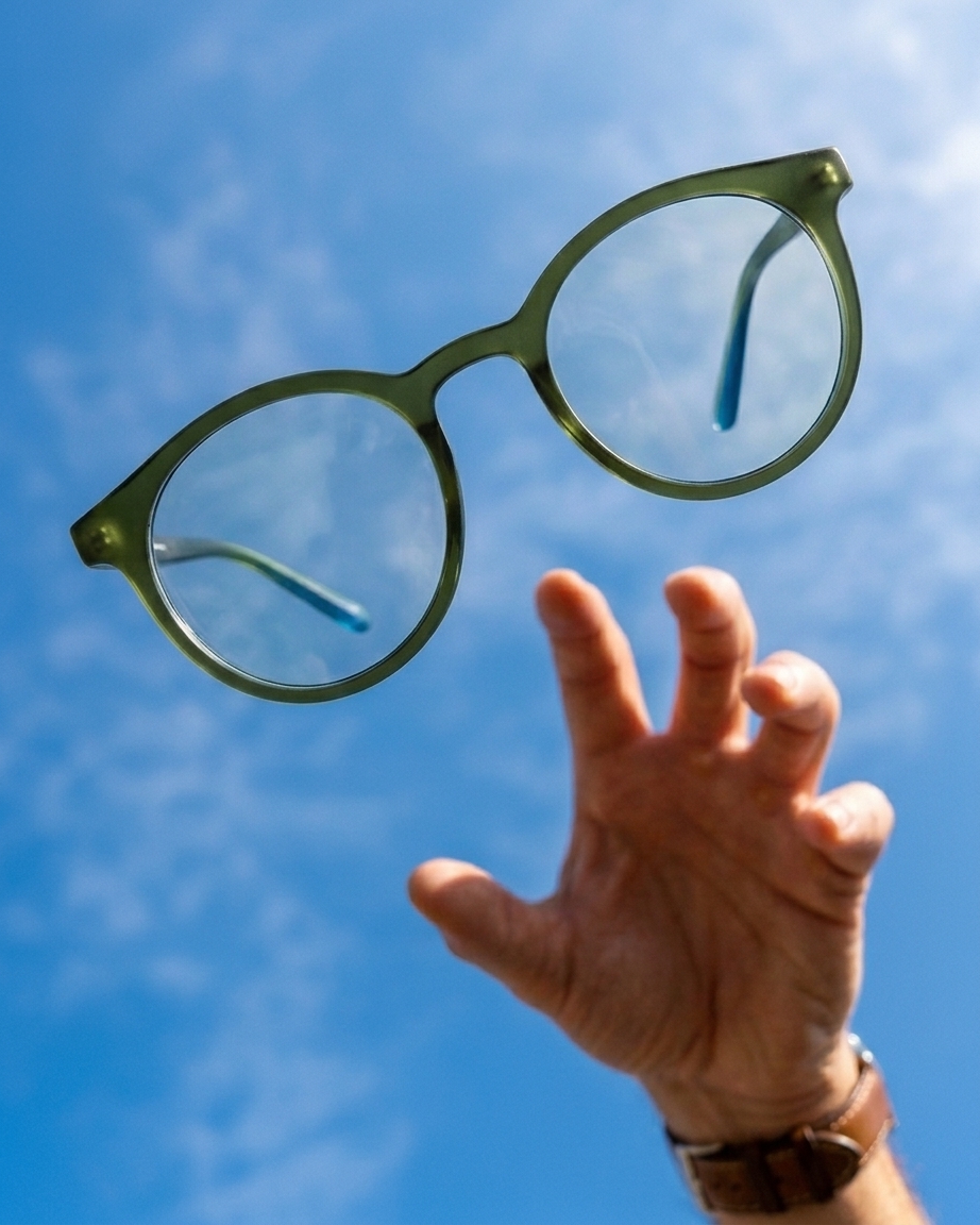 Main tendue vers une paire de lunettes rondes vertes qui flotte dans un ciel bleu