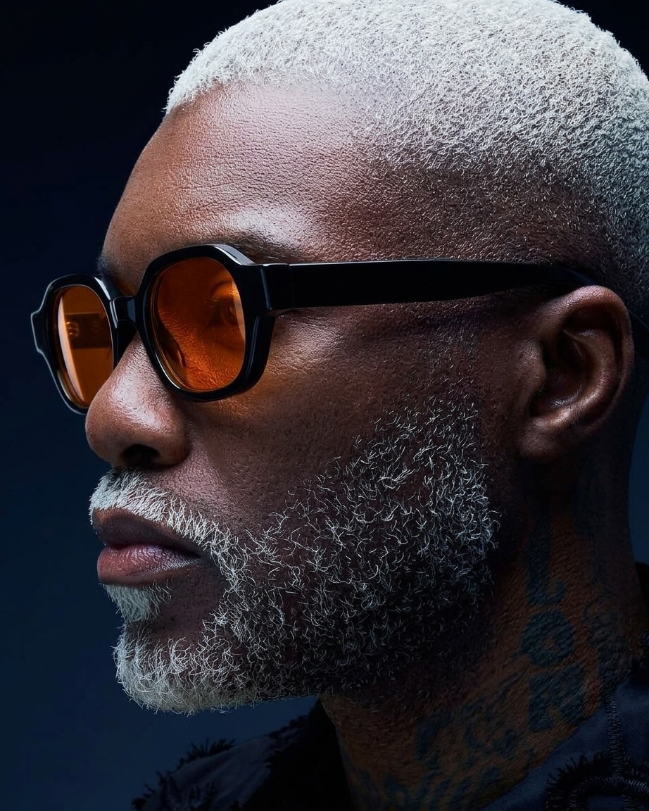 Homme à la barbe grise portant des lunettes à verres orange, de profil sur fond sombre