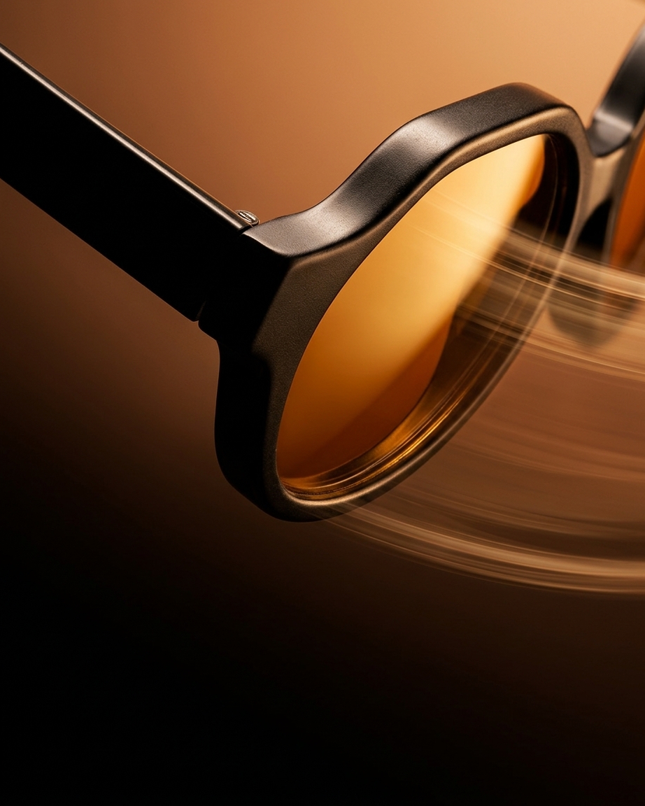 Gros plan d'un verre orange et de sa monture noire, reflets de lumière